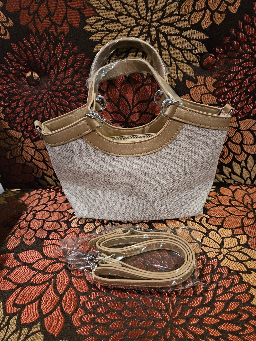 Beige Woven Tote with Gold Charm 1 Left - Picture 5 of 5